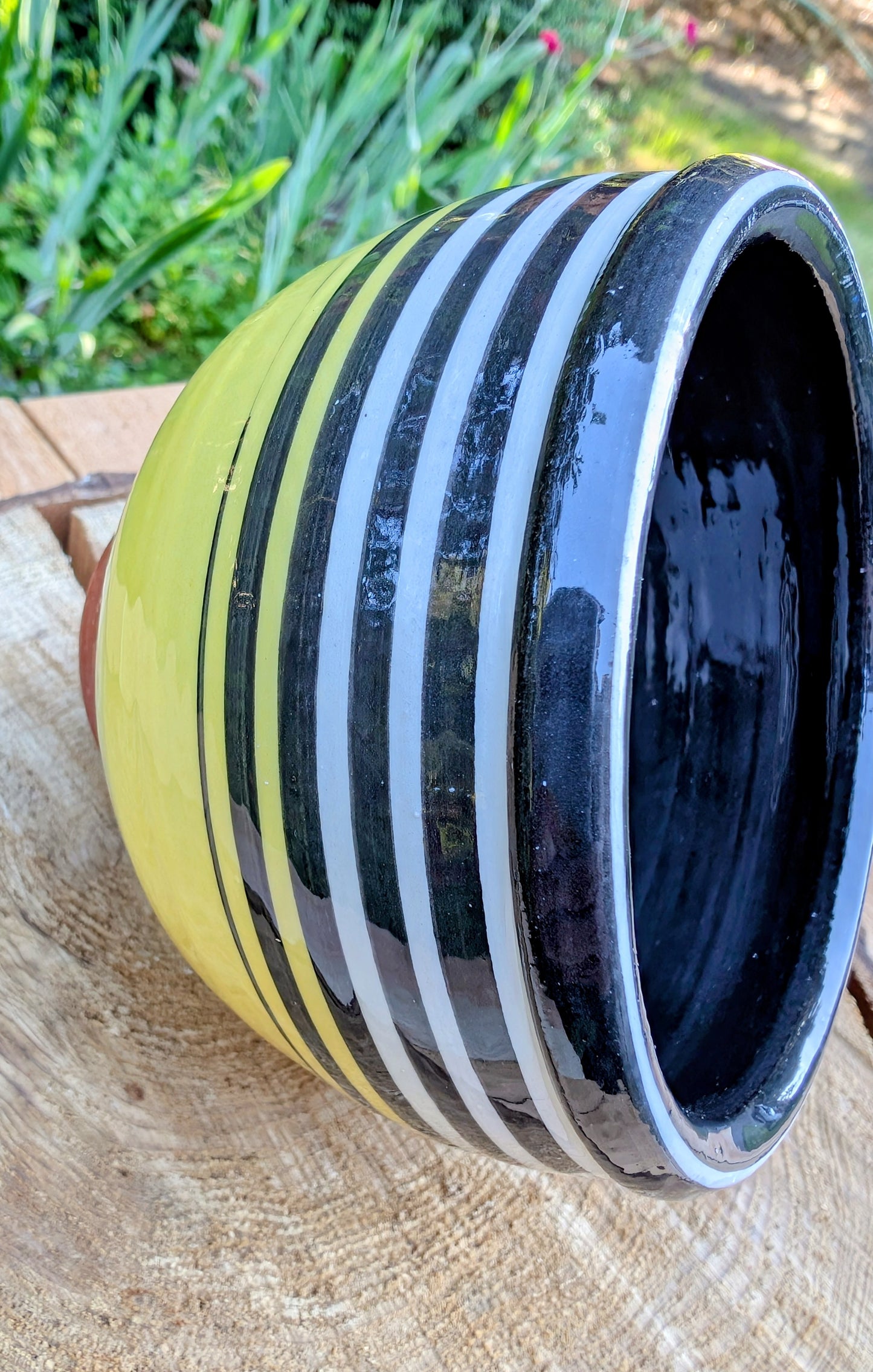 Vintage Signed Studio Pottery Bowl | Yellow & Black Striped Artisan Ceramic Bowl