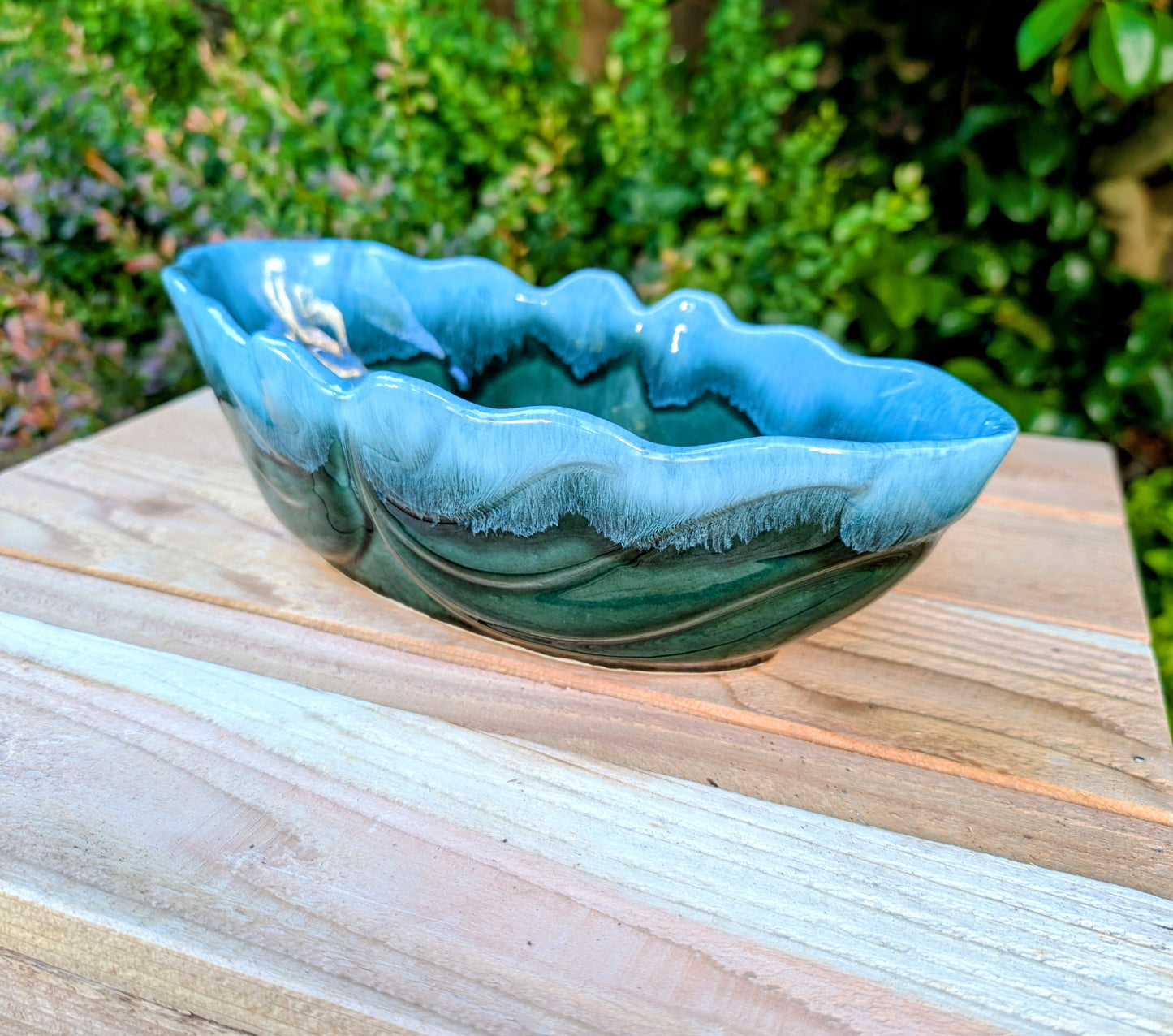 Vintage Hull Pottery Bowl F77 | Woodland Green Scalloped Art Pottery Centerpiece