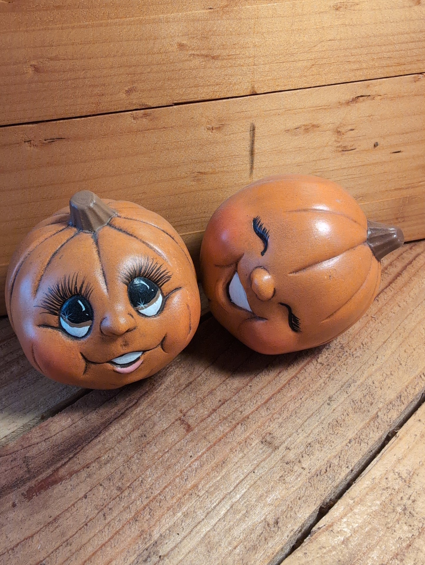 Fall Halloween ceramic pumpkin set of two laughing pumpkins