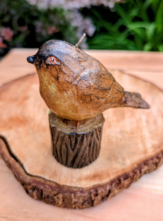 Bring a touch of woodland charm to your home with this vintage novelty bird-on-stump wax candle. Featuring a hand-painted songbird perched atop a sculpted tree stump, this decorative piece captures the cozy spirit of cabin living and Pacific Northwest-inspired décor.