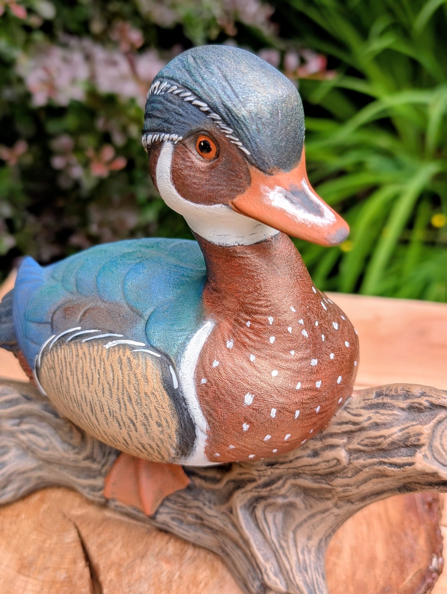 Vintage 1969 Hand-Painted Ceramic Wood Duck Sculpture on Driftwood Log | Mid-Century Wildlife Bird Figurine