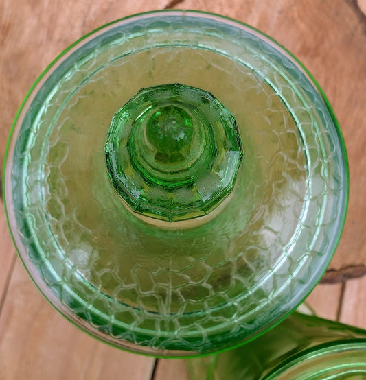 Two beautiful vintage emerald green covered pedestal candy dishes are offered in one convenient listing. Choose between a textured crackle glass design or an elegant Art Deco geometric pattern—each sold individually and carefully curated for collectors and vintage home décor enthusiasts.