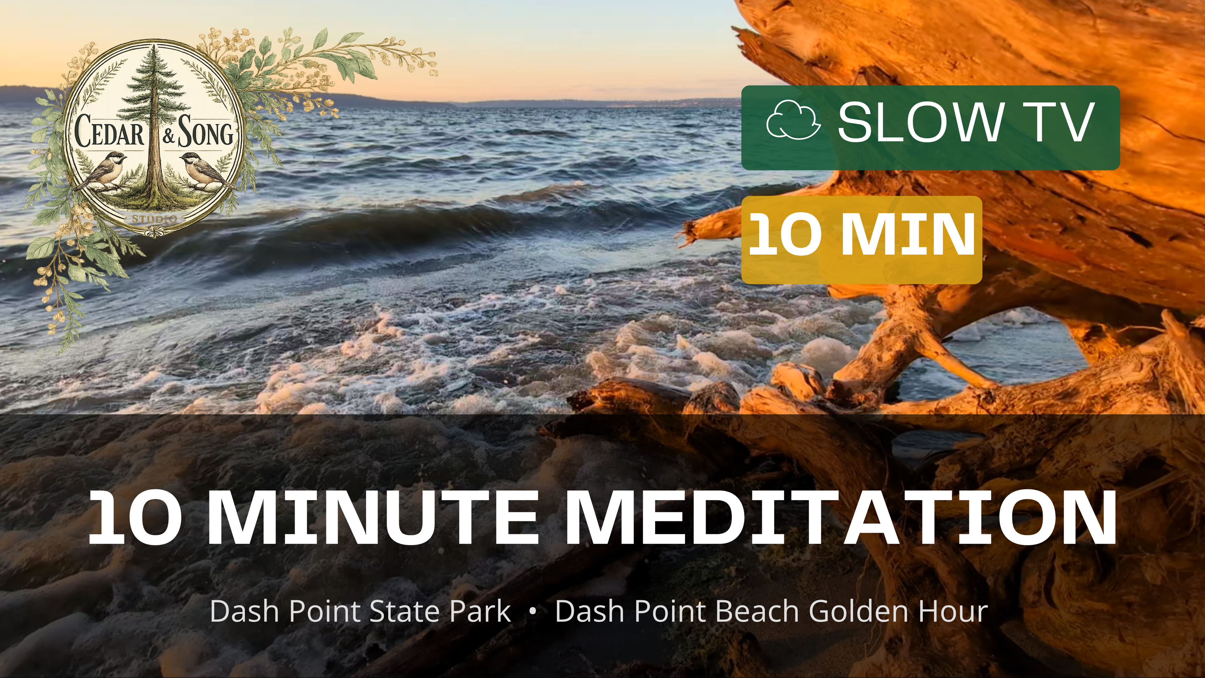 Load video: End the day with a peaceful sunset along the shores of Puget Sound. Filmed on the evening of July 4, 2026, this Slow TV experience captures the warm colors of the setting sun as they reflect across the calm waters of Dash Point Beach. Gentle waves, distant seabirds, and the natural rhythm of the shoreline create a quiet moment to pause, breathe, and simply watch the day come to a close. Located within Dash Point State Park, this stretch of shoreline is known for its sandy beaches, forested bluffs, and sweeping views across Puget Sound. As daylight fades, the changing colors of the sky and water remind us that nature often provides its own celebration—one that asks only that we slow down and enjoy the moment. Whether you're unwinding after a busy day, looking for a peaceful background while reading or working, or simply longing for a few minutes beside the water, we hope this sunset brings a sense of calm. Thank you for joining us at Cedar &amp; Song Studio, where we celebrate the landscapes, craftsmanship, and quiet beauty of the Pacific Northwest.🌿 New Slow TV videos from Washington are published regularly.