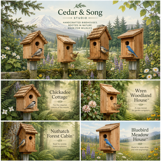 Collage of wooden birdhouses with nature background and branding for Cedar & Song Studio.