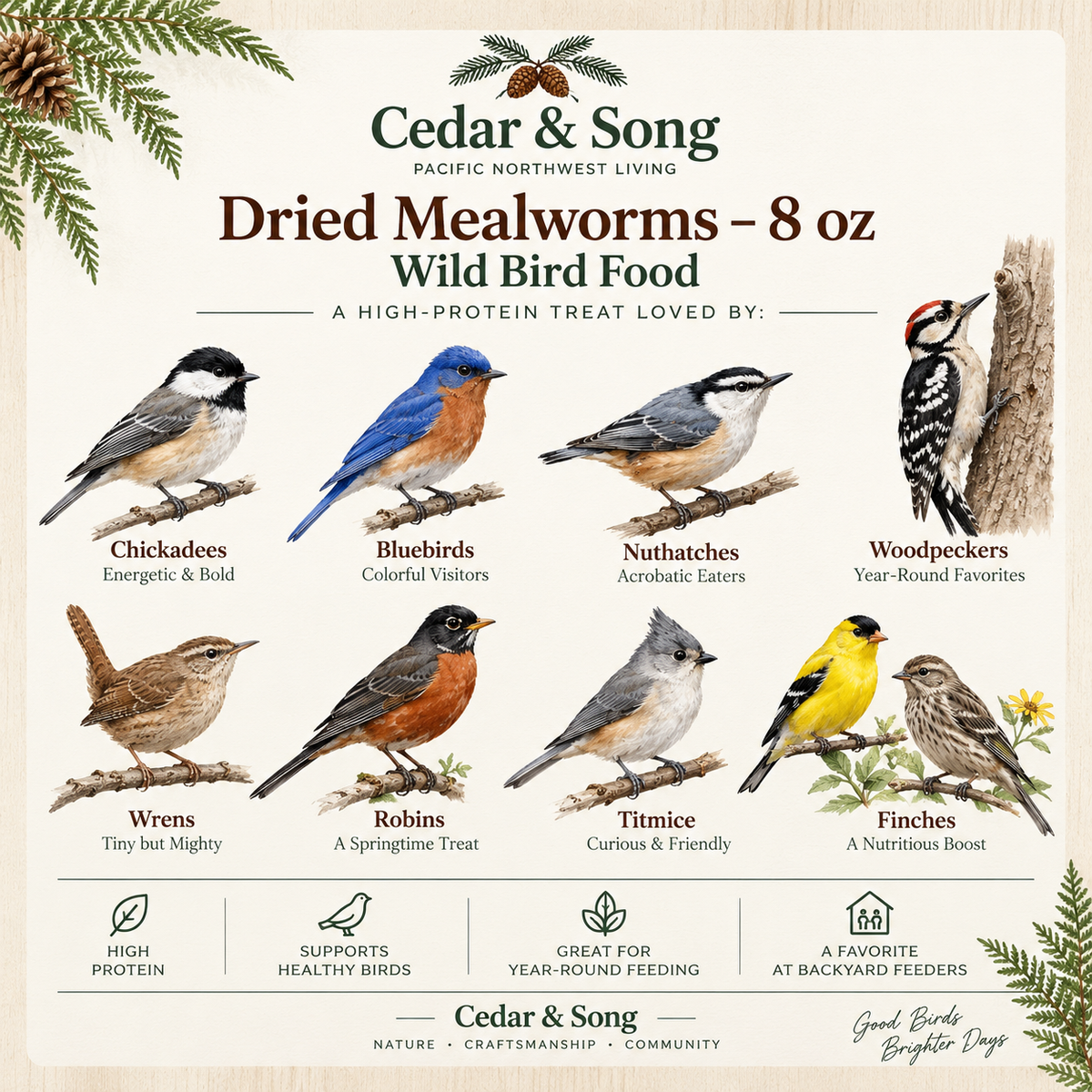 Cedar & Song Dried Mealworms – 8 oz Wild Bird Food