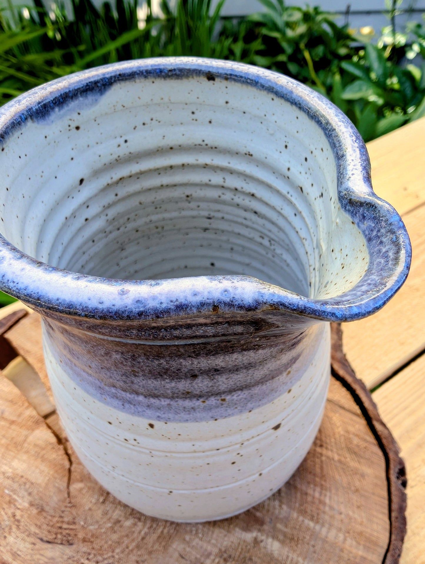 Signed Studio Pottery Pitcher | Blue Gray Speckled Stoneware Creamer Vase