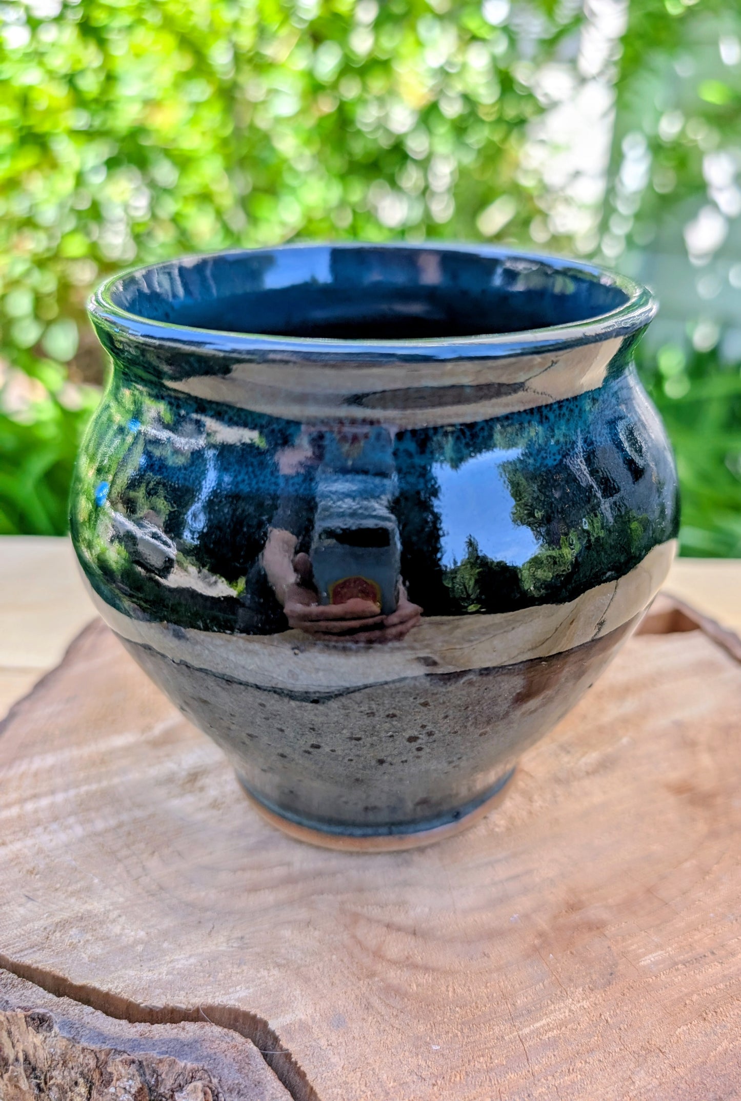 Signed Studio Pottery Vessel | Blue-Green Reduction Glaze Cachepot