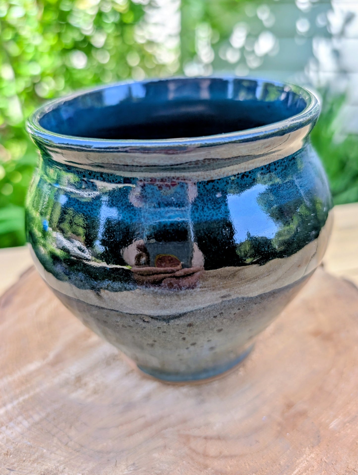 Signed Studio Pottery Vessel | Blue-Green Reduction Glaze Cachepot