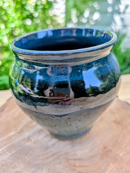 Signed Studio Pottery Vessel | Blue-Green Reduction Glaze Cachepot