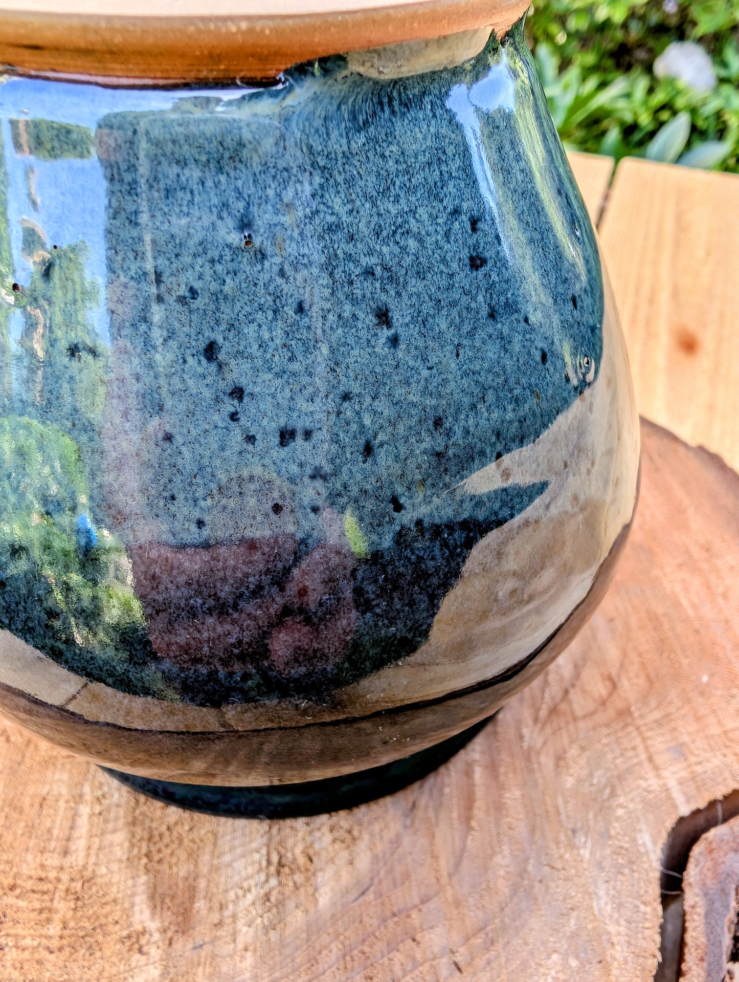Signed Studio Pottery Vessel | Blue-Green Reduction Glaze Cachepot