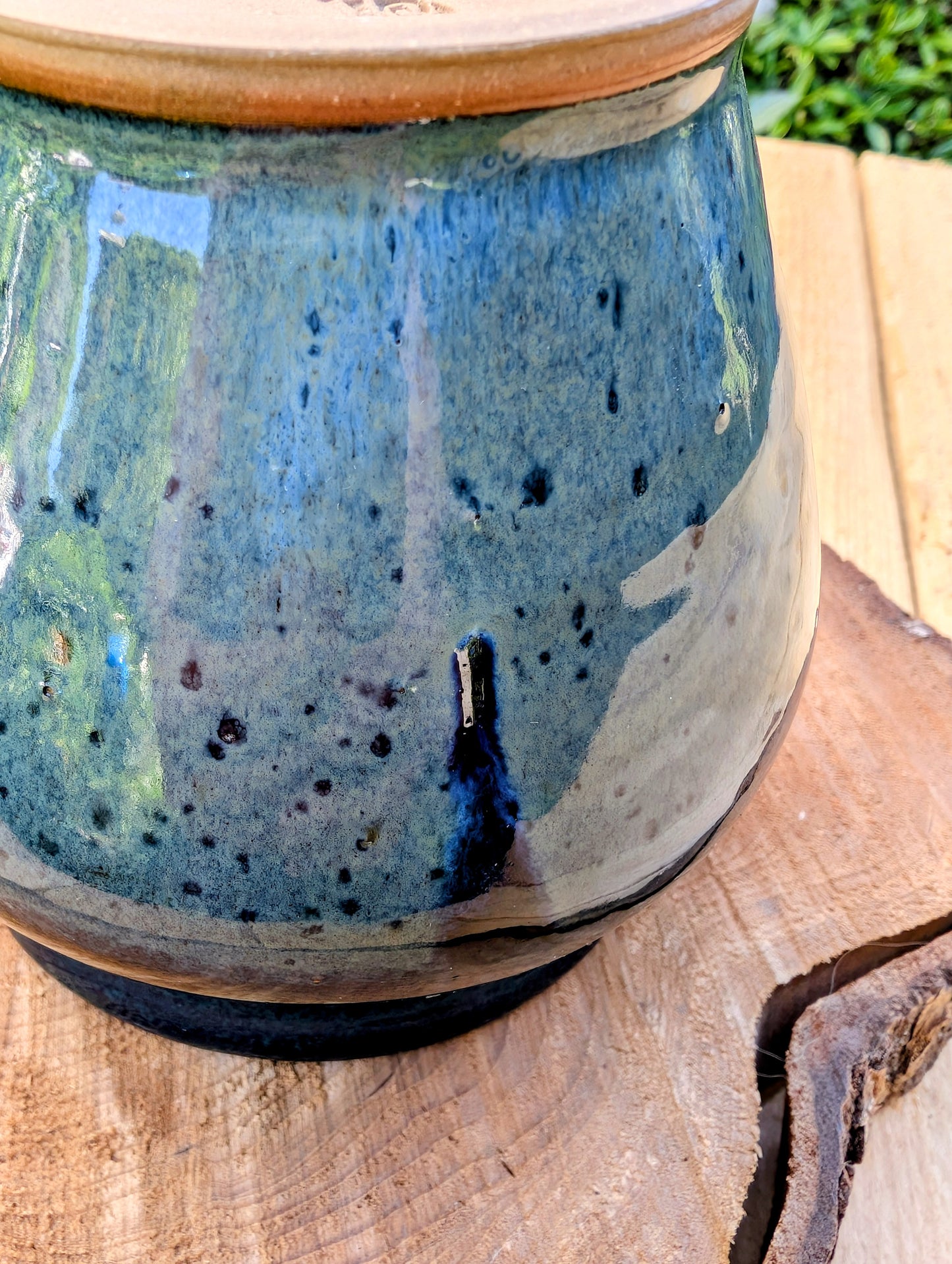 Signed Studio Pottery Vessel | Blue-Green Reduction Glaze Cachepot