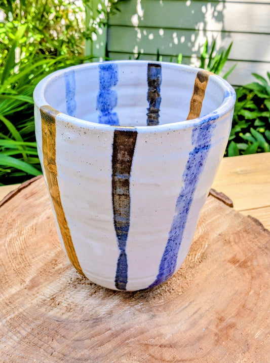 Signed Studio Pottery Cup | Blue & Earth Stripe Hand Thrown Ceramic Tumbler