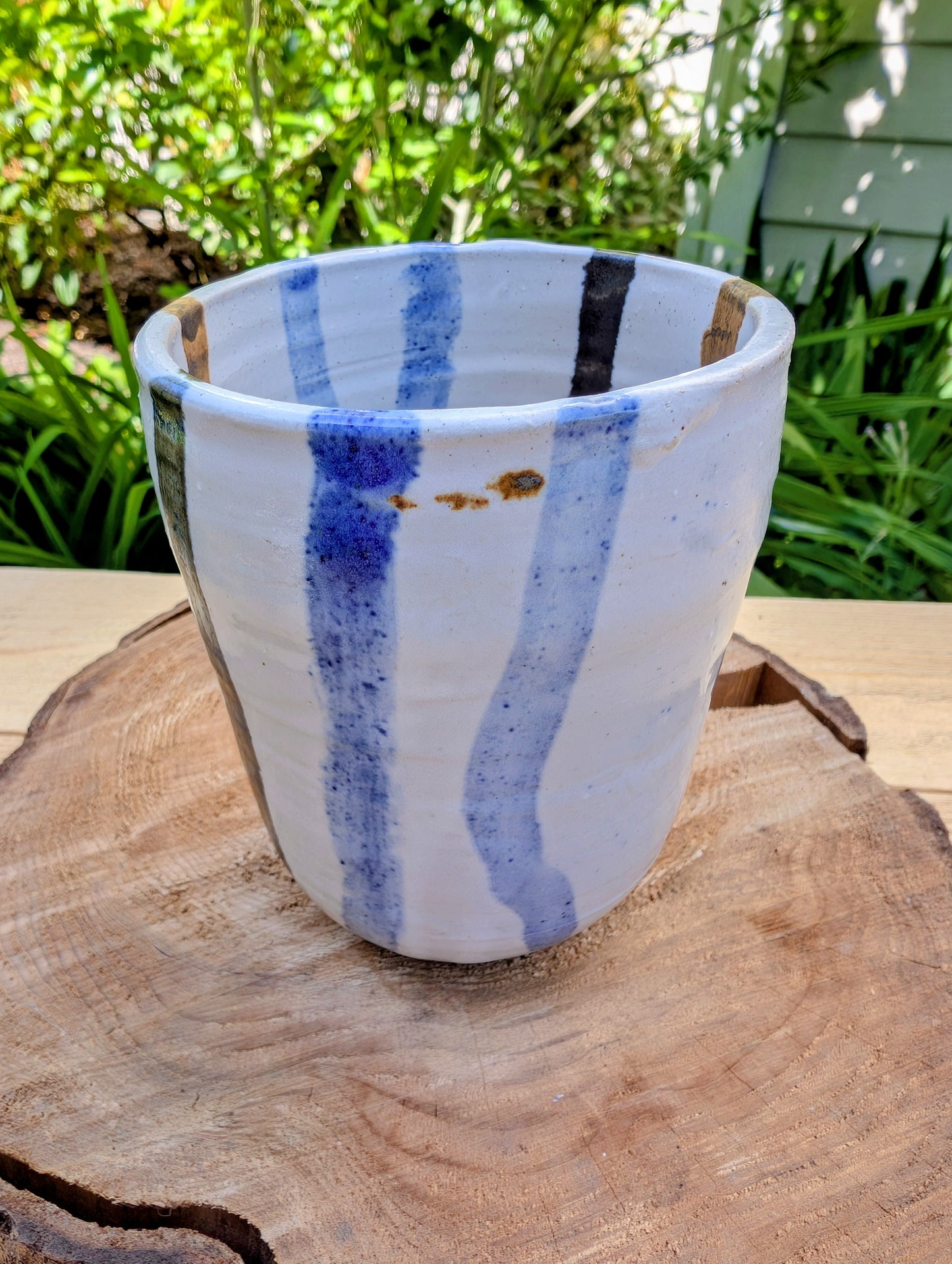 Signed Studio Pottery Cup | Blue & Earth Stripe Hand Thrown Ceramic Tumbler