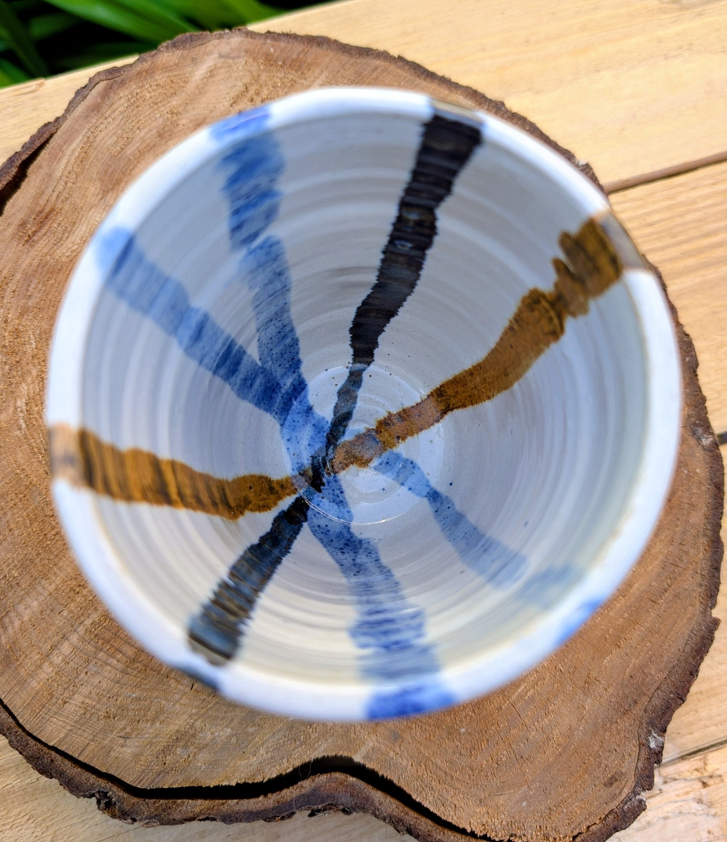 Signed Studio Pottery Cup | Blue & Earth Stripe Hand Thrown Ceramic Tumbler