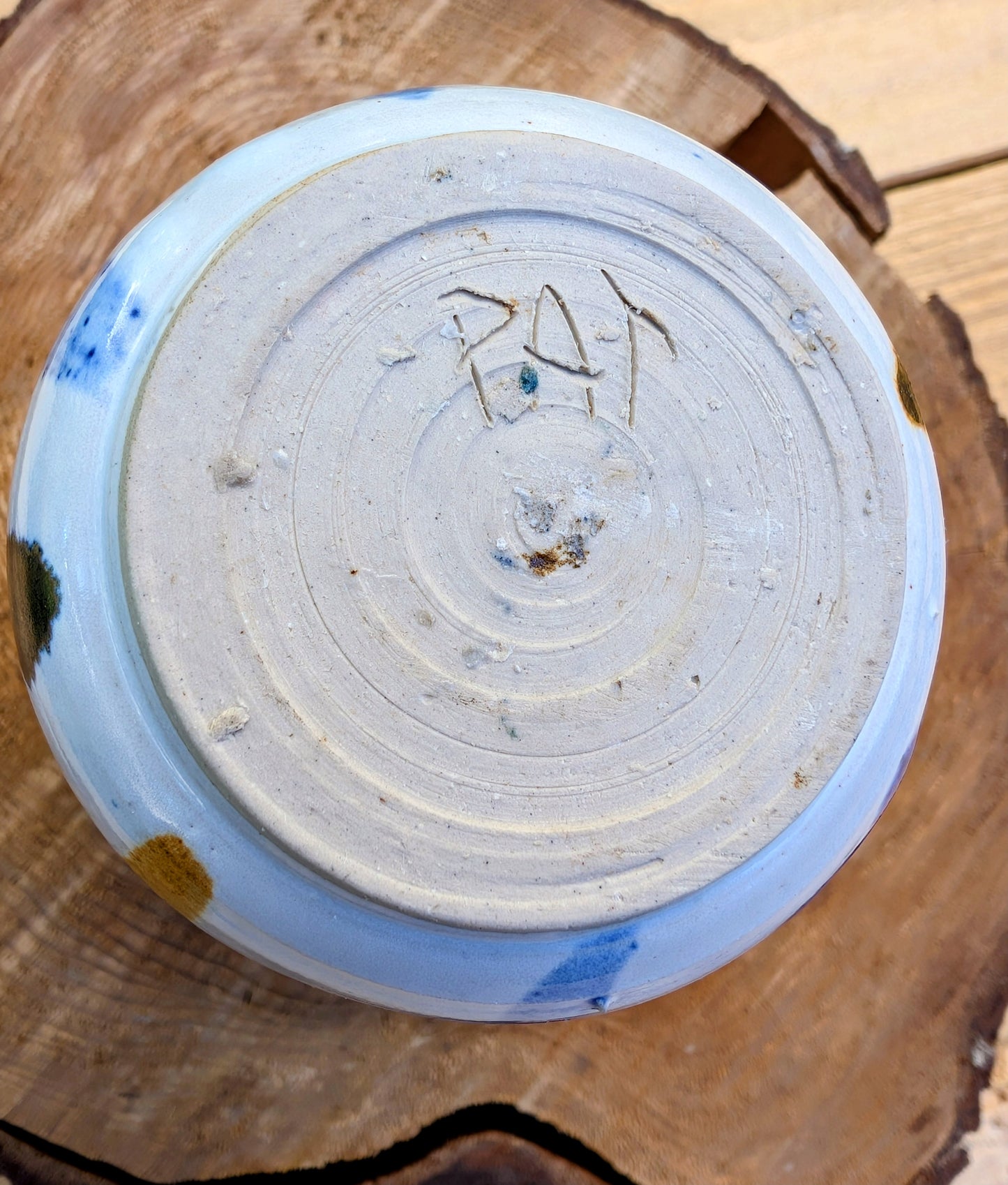 Signed Studio Pottery Cup | Blue & Earth Stripe Hand Thrown Ceramic Tumbler