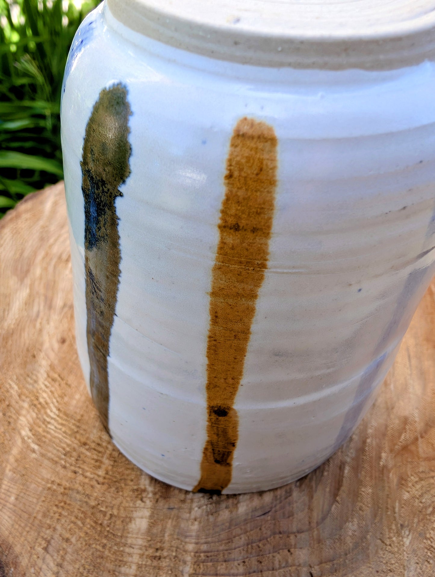 Signed Studio Pottery Cup | Blue & Earth Stripe Hand Thrown Ceramic Tumbler
