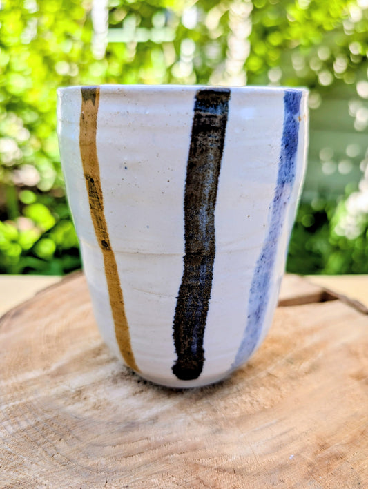 Signed Studio Pottery Cup | Blue & Earth Stripe Hand Thrown Ceramic Tumbler