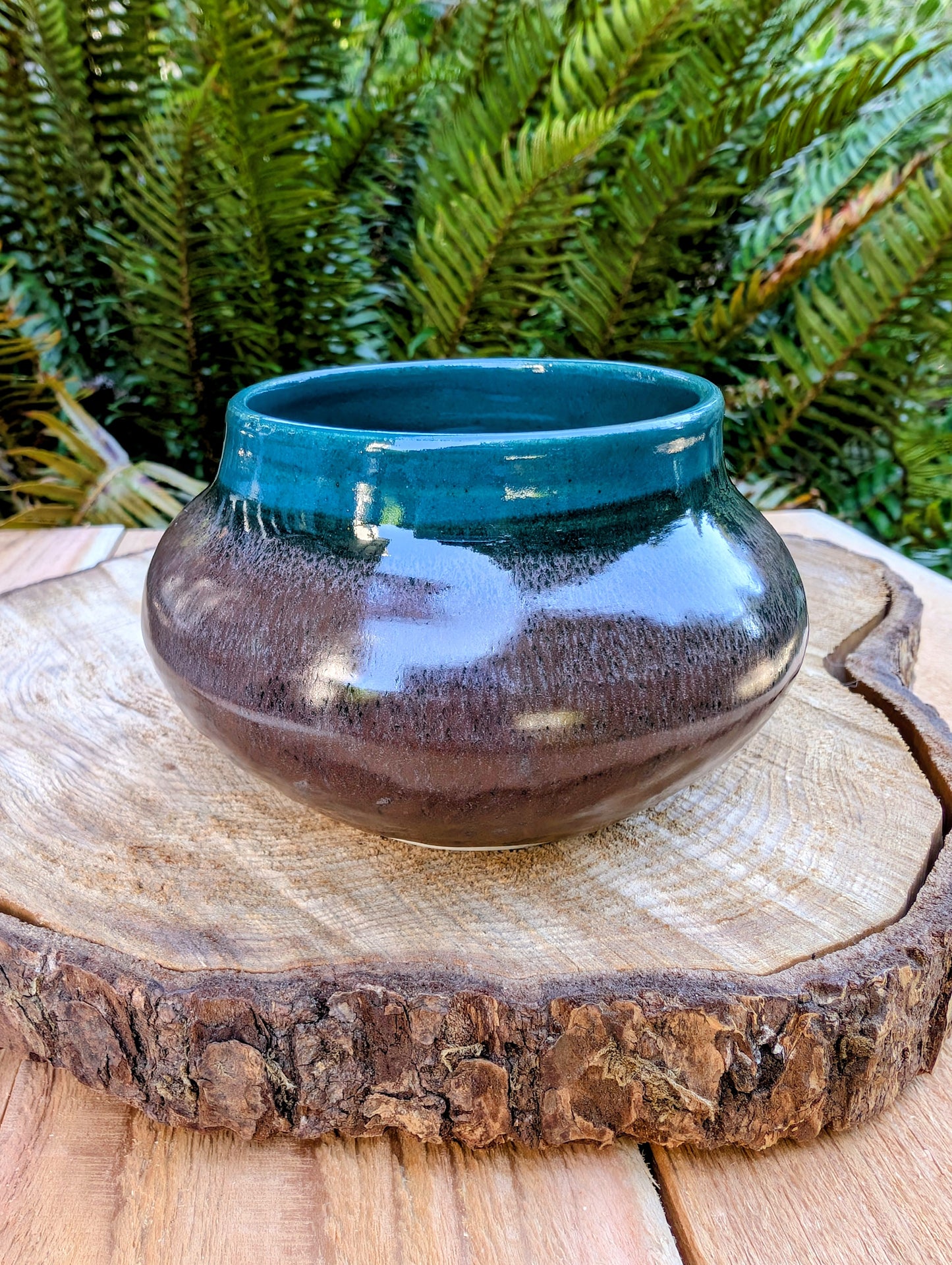 Ceramic pot with teal top and brown base on a wooden surface with greenery in the background