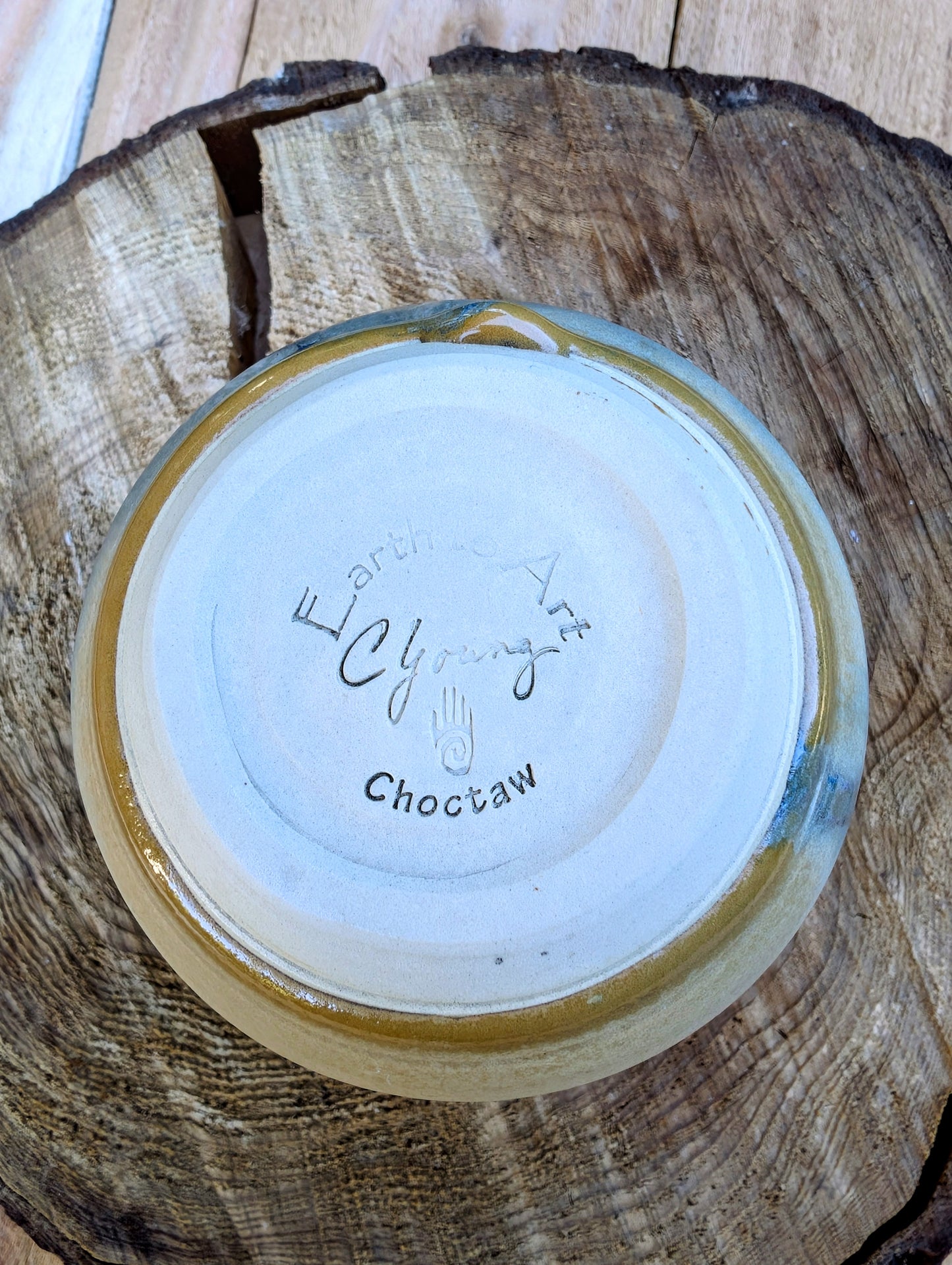 Signed Choctaw Studio Pottery Bowl | Earth to Art by C. Young | Blue Green & Sand Glaze Ceramic Vessel