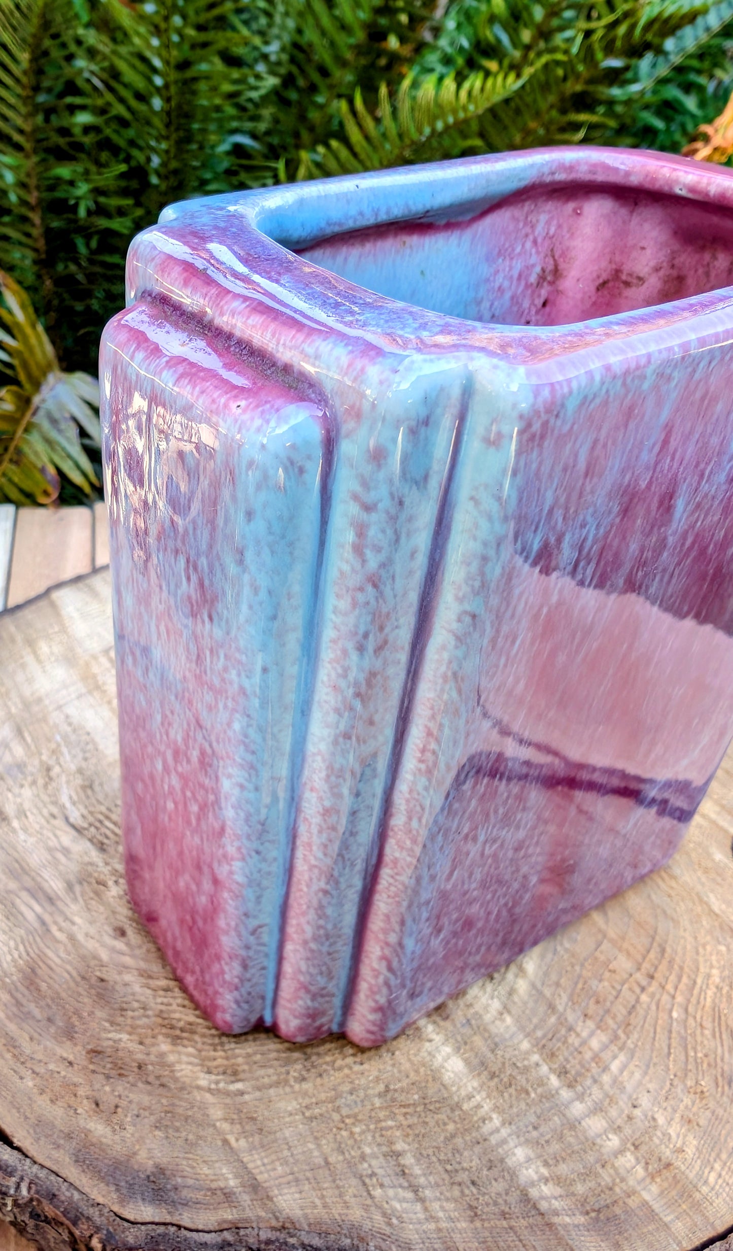 Vintage California Pottery Art Deco Planter | Mauve & Blue Crystalline Glaze Ceramic Cachepot