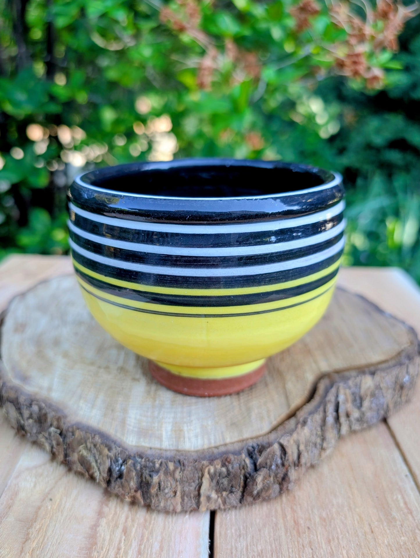 Vintage Signed Studio Pottery Bowl | Yellow & Black Striped Artisan Ceramic Bowl