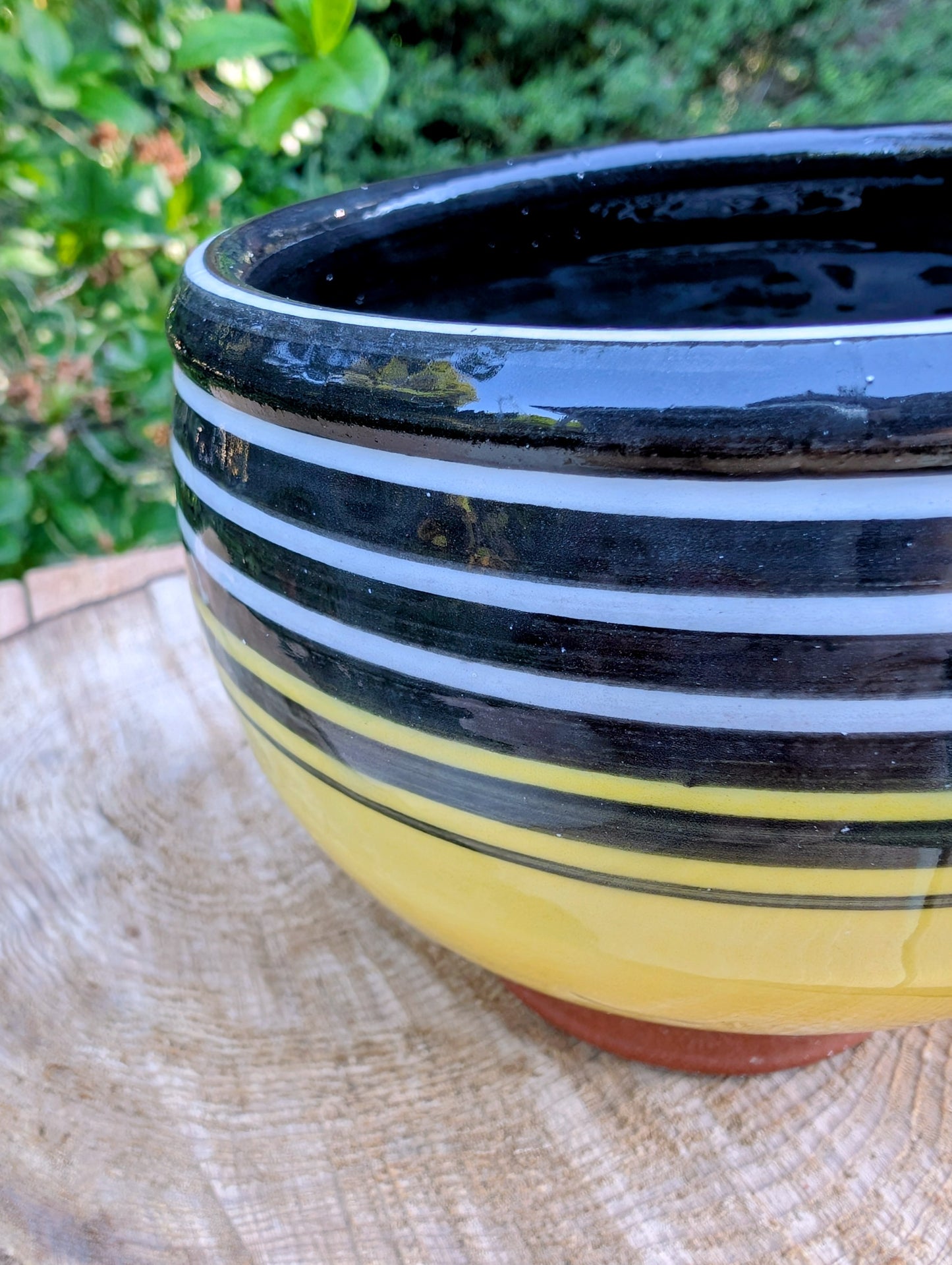 Vintage Signed Studio Pottery Bowl | Yellow & Black Striped Artisan Ceramic Bowl