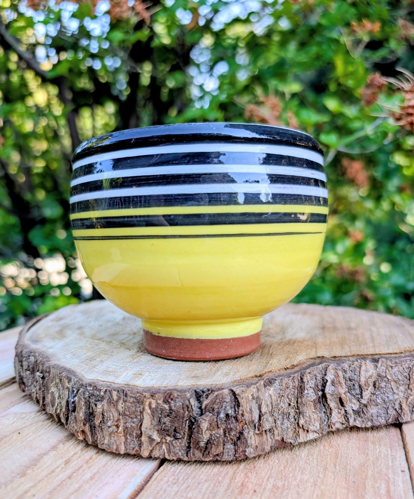 Vintage Signed Studio Pottery Bowl | Yellow & Black Striped Artisan Ceramic Bowl