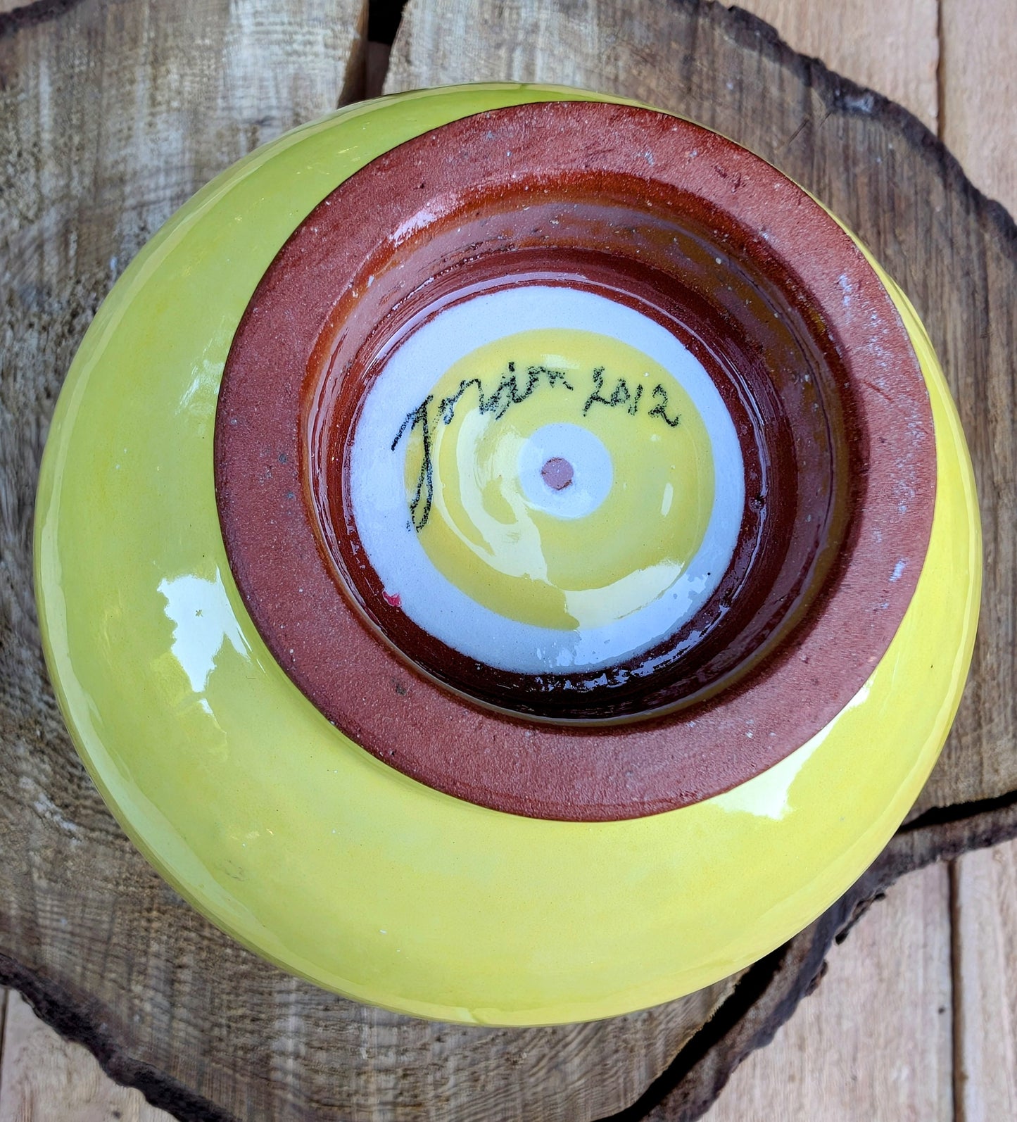 Vintage Signed Studio Pottery Bowl | Yellow & Black Striped Artisan Ceramic Bowl