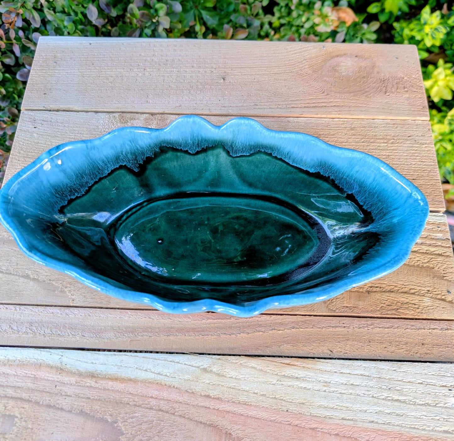 Vintage Hull Pottery Bowl F77 | Woodland Green Scalloped Art Pottery Centerpiece