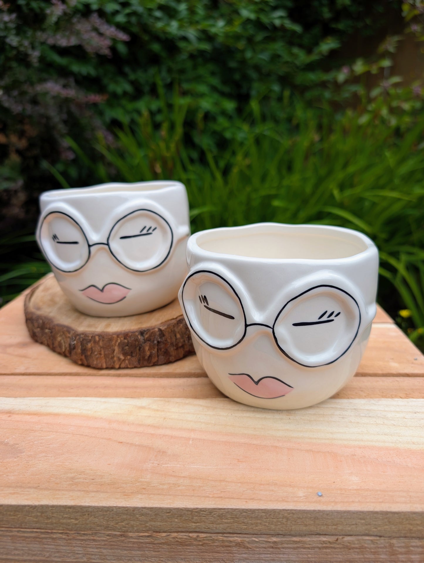 Ladies with Glasses Ceramic Planter Set | Whimsical Face Cachepots
