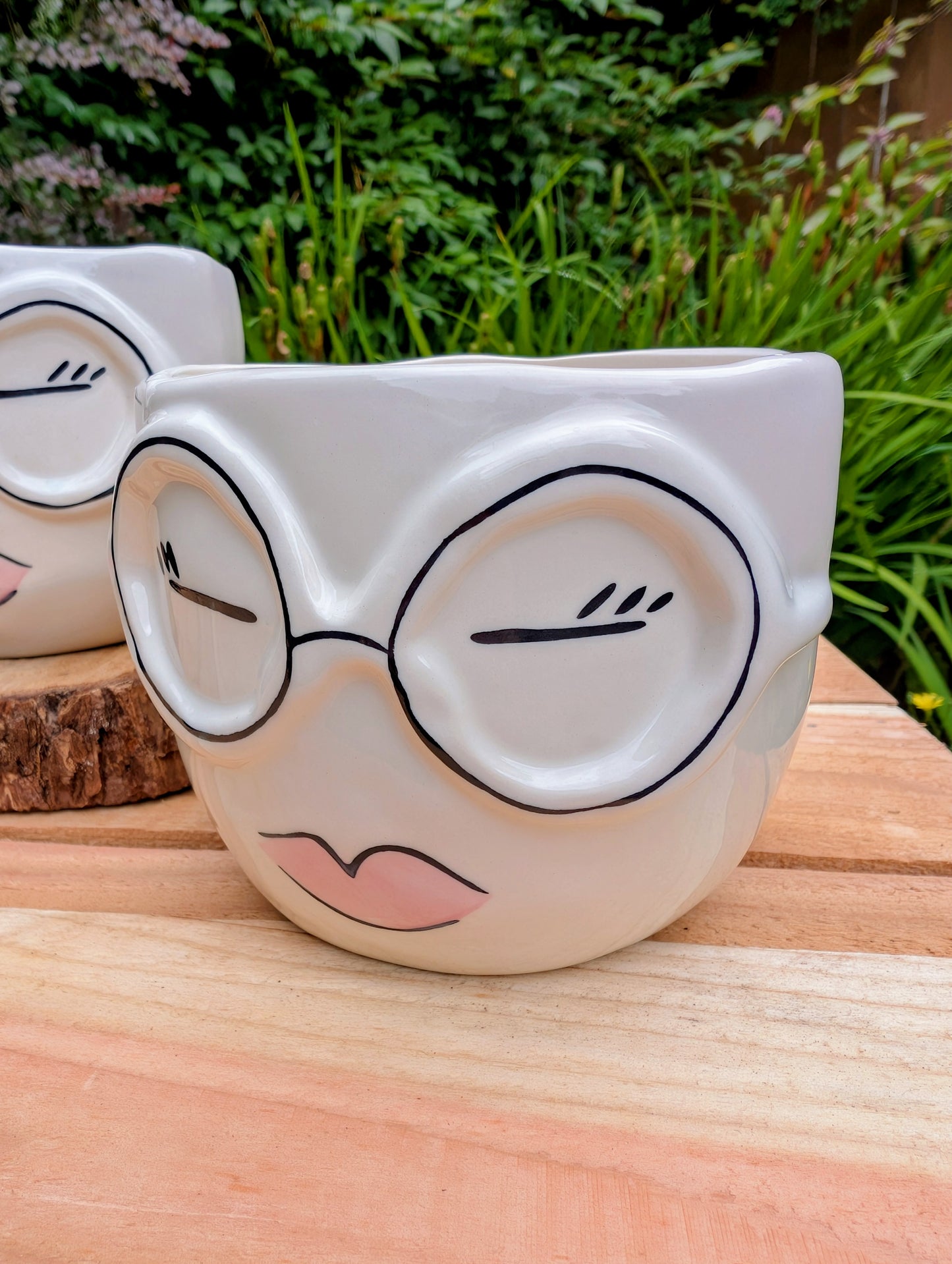 Ladies with Glasses Ceramic Planter Set | Whimsical Face Cachepots