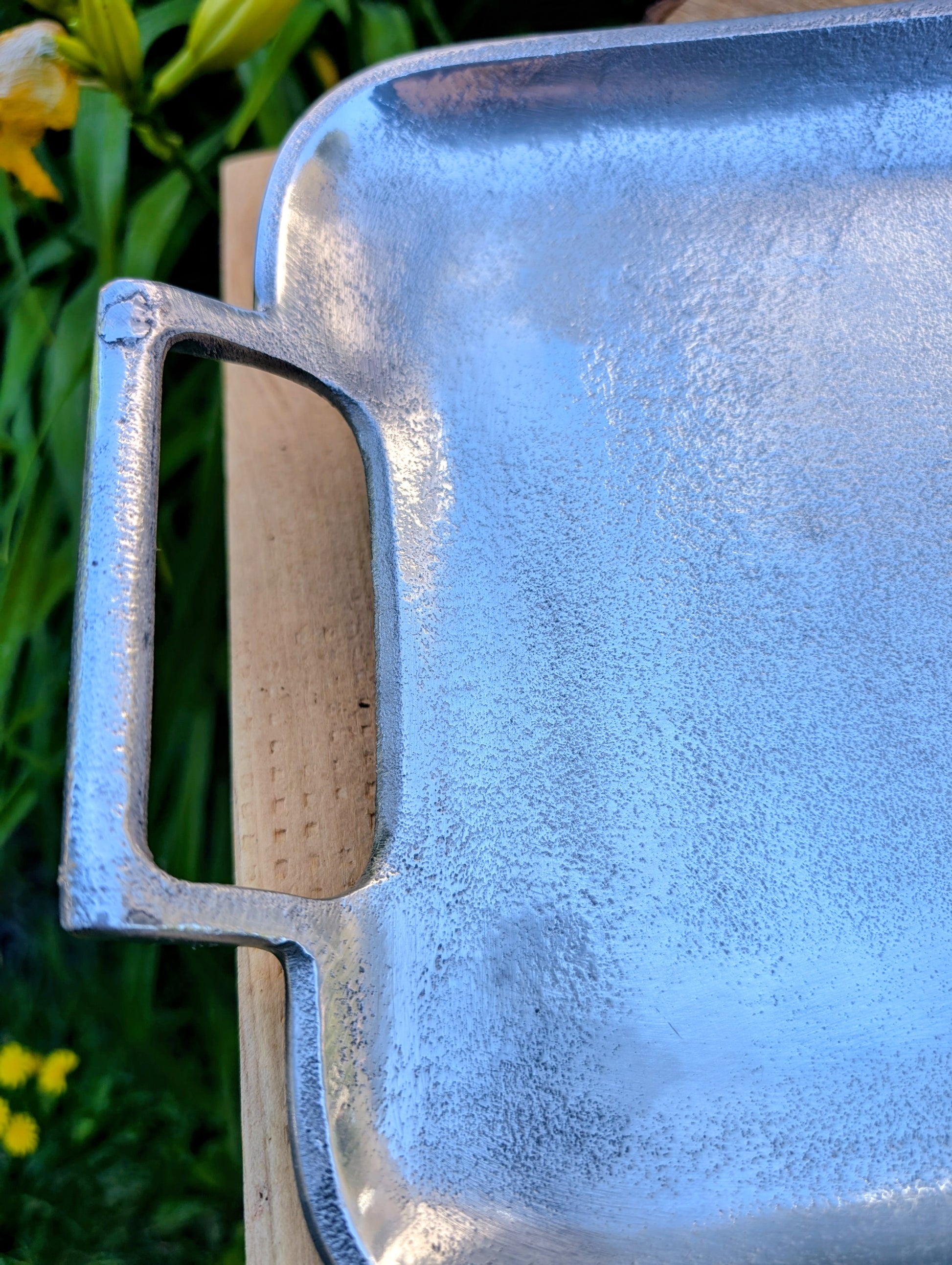 Bring timeless elegance to your garden or home with this vintage cast aluminum serving tray featuring a beautiful satin pewter finish and integrated handles. Originally designed for entertaining, it has been thoughtfully curated by Cedar & Song Studio as a versatile bird feeding tray, centerpiece, or decorative serving piece.