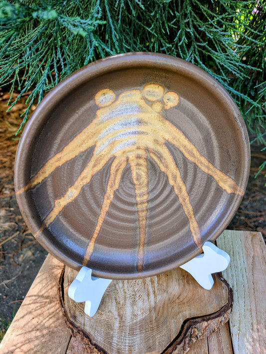 Celebrate the beauty of handmade craftsmanship with this one-of-a-kind studio pottery art plate featuring an expressive abstract octopus-inspired design. Rich earth-tone glazes and visible throwing rings make this versatile stoneware piece equally at home as functional serveware or coastal-inspired wall décor.