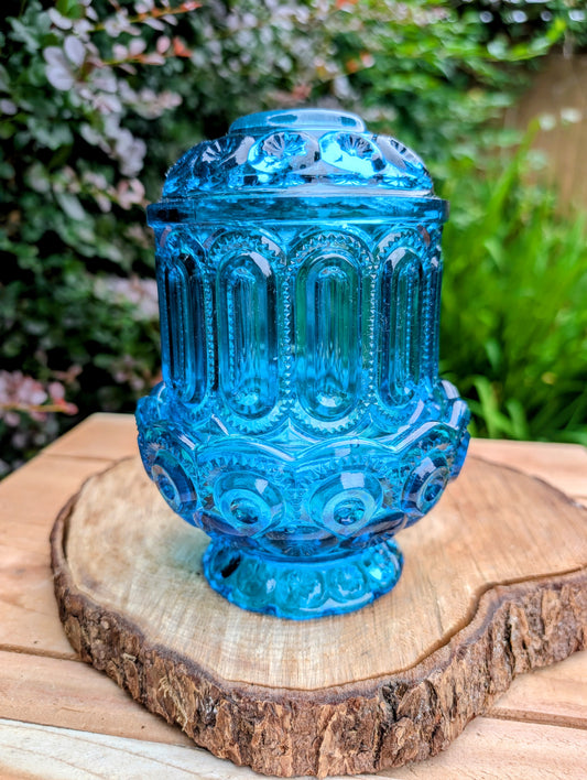 Vintage L.E. Smith Colonial Blue Moon & Stars Fairy Lamp | Pressed Glass Candle Lamp | 6.5"