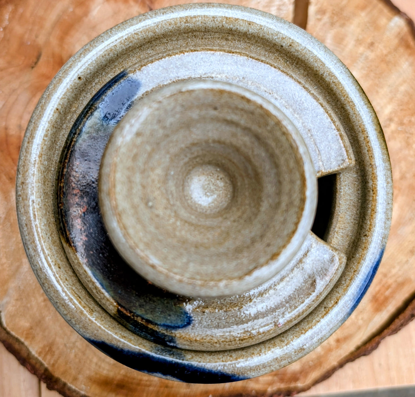 Bring handcrafted warmth to your kitchen with this signed studio pottery lidded jam pot featuring richly layered cobalt blue, olive, brown, and tan glazes. Perfect for serving honey, preserves, sugar, or favorite condiments, this artisan stoneware piece is both beautiful and functional.