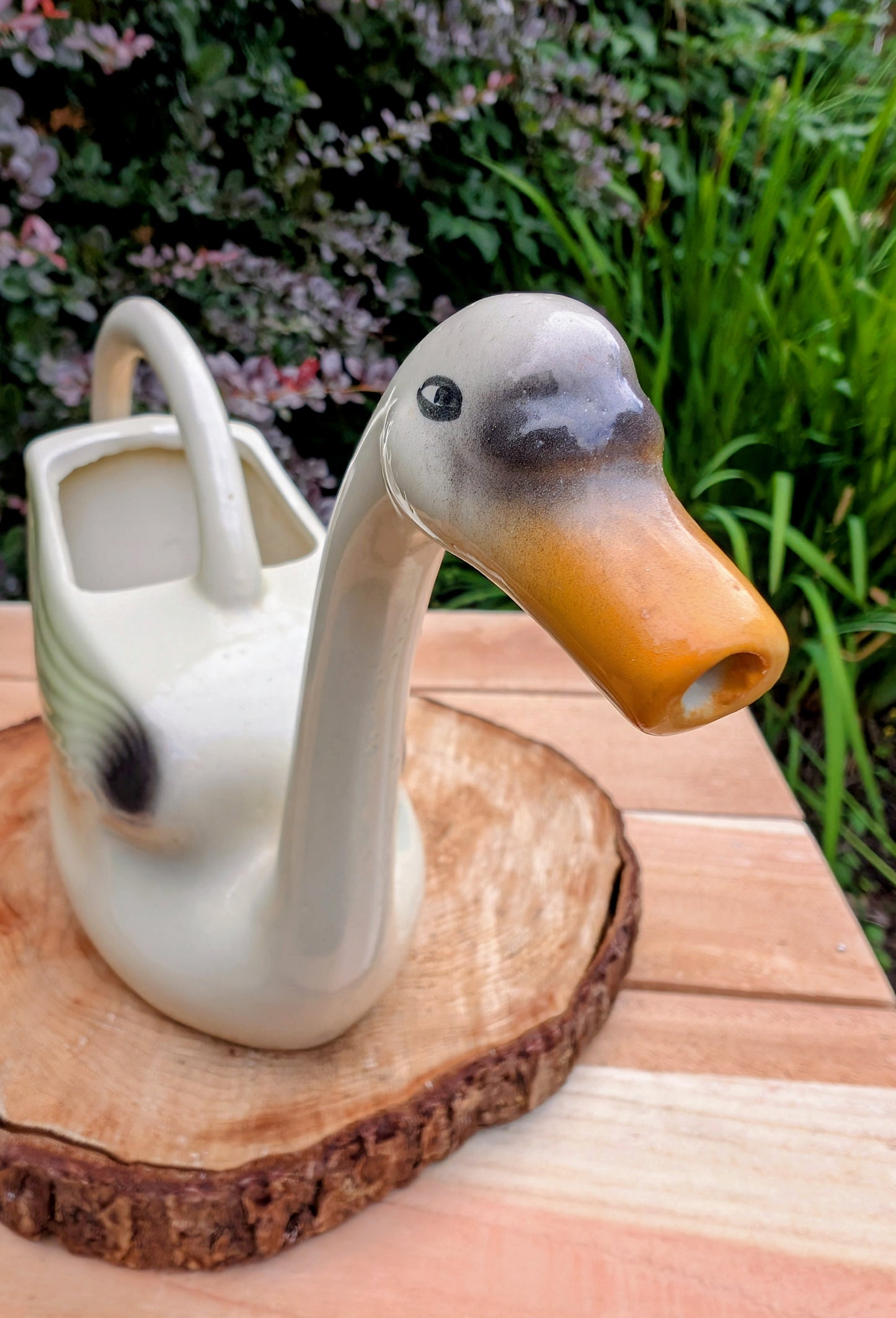 A charming 1950s Nouvelle Pottery swan watering pitcher that blends sculptural beauty with everyday function. Finished in a soft ivory glaze with hand-painted details, this Mid-Century ceramic piece is equally at home caring for houseplants or displayed as timeless vintage décor.