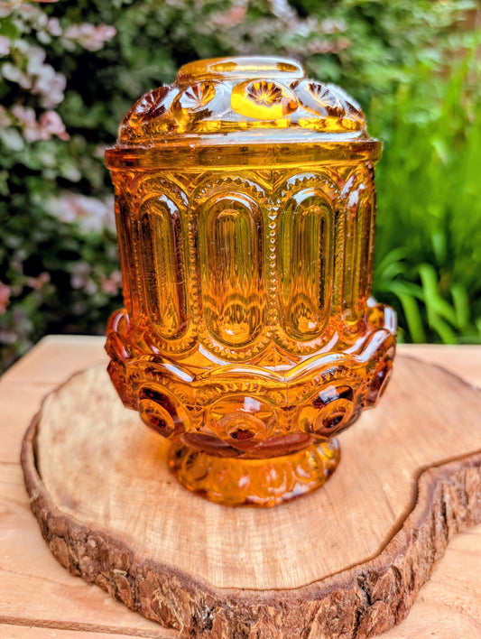 Vintage L.E. Smith Amber Moon & Stars Fairy Lamp | Pressed Glass Candle Lantern