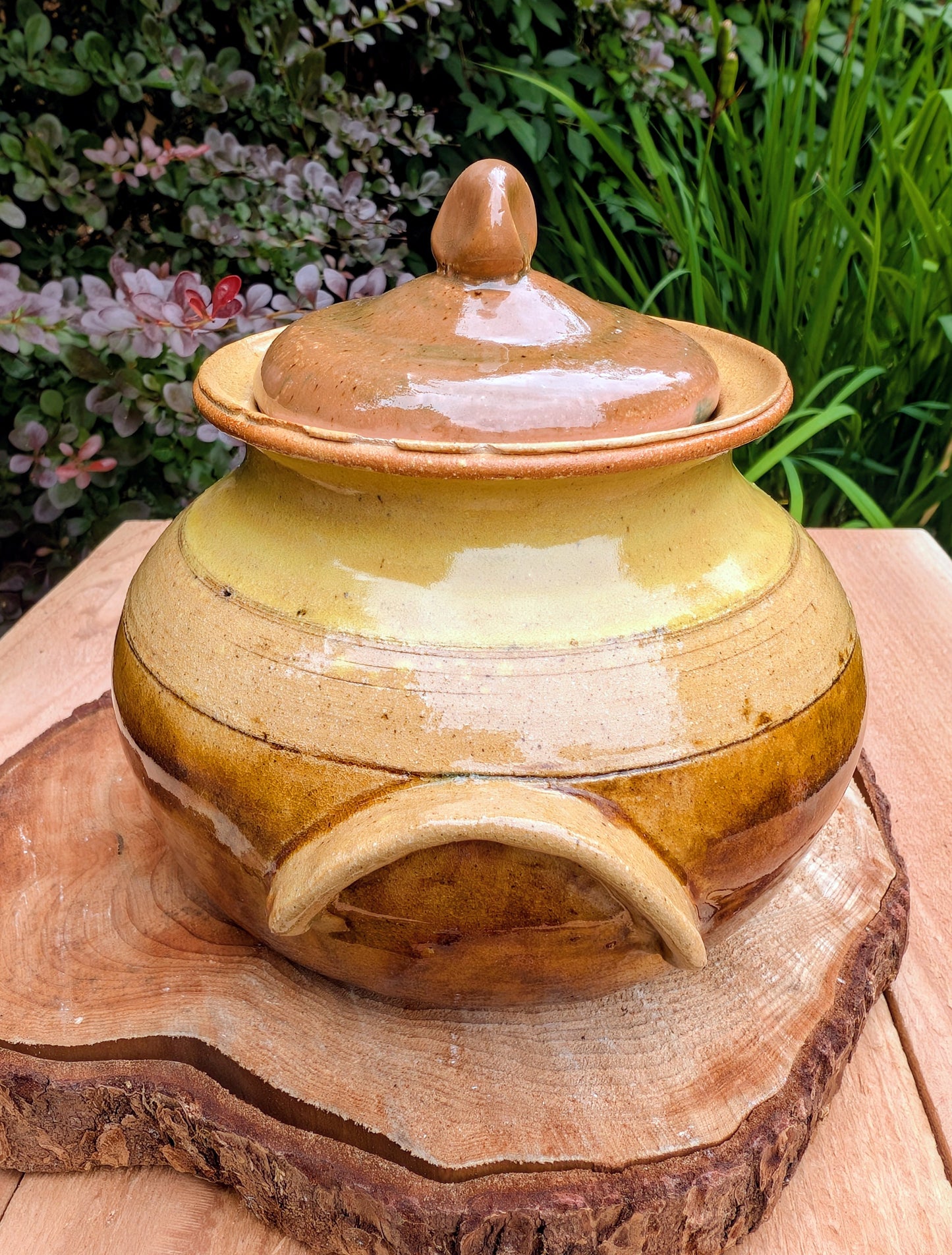 Bring timeless craftsmanship to your kitchen with this handcrafted studio pottery lidded stoneware pot. Finished in warm honey, caramel, olive, and tan glazes, this versatile covered vessel is equally beautiful as functional serveware or rustic farmhouse décor.