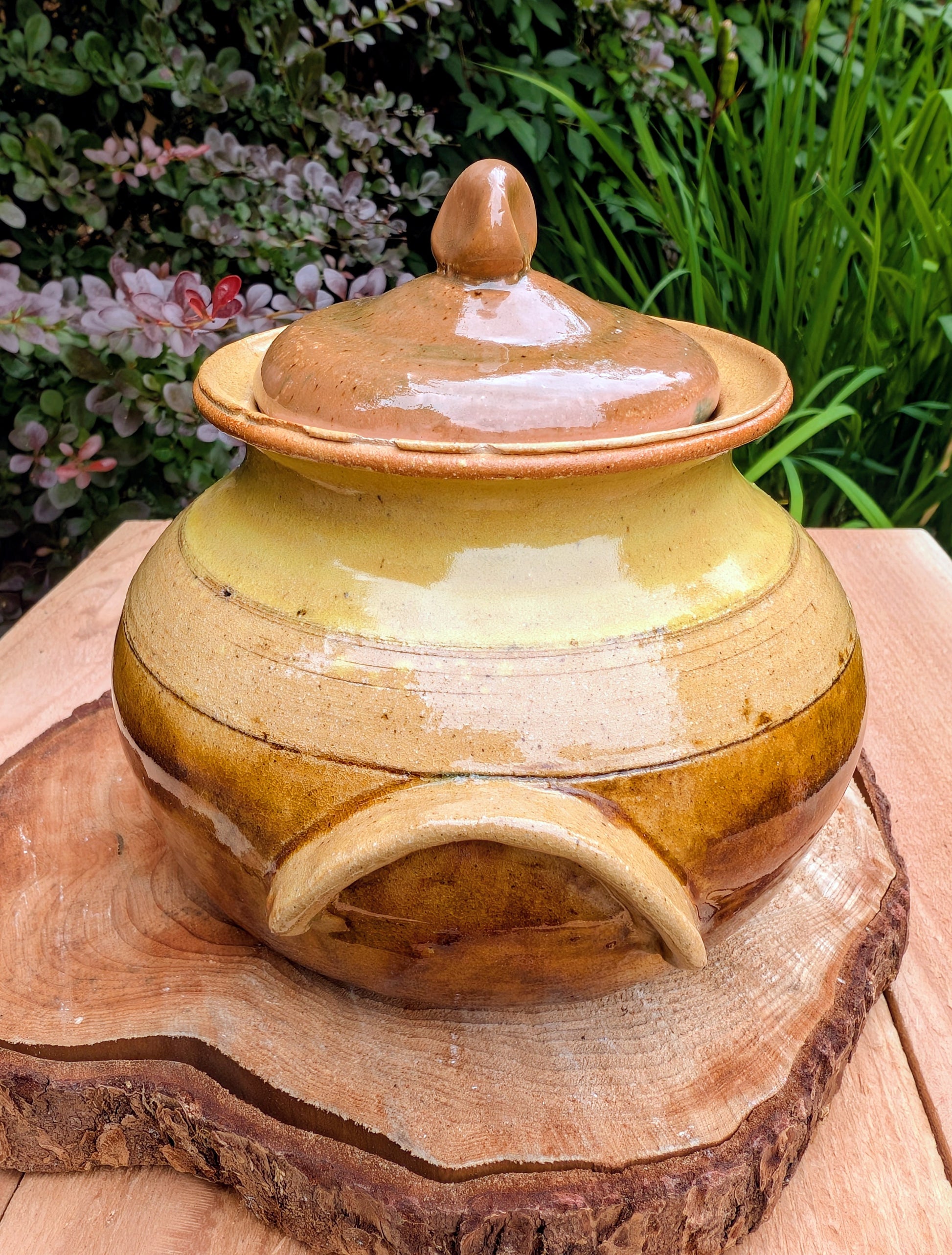 Bring timeless craftsmanship to your kitchen with this handcrafted studio pottery lidded stoneware pot. Finished in warm honey, caramel, olive, and tan glazes, this versatile covered vessel is equally beautiful as functional serveware or rustic farmhouse décor.