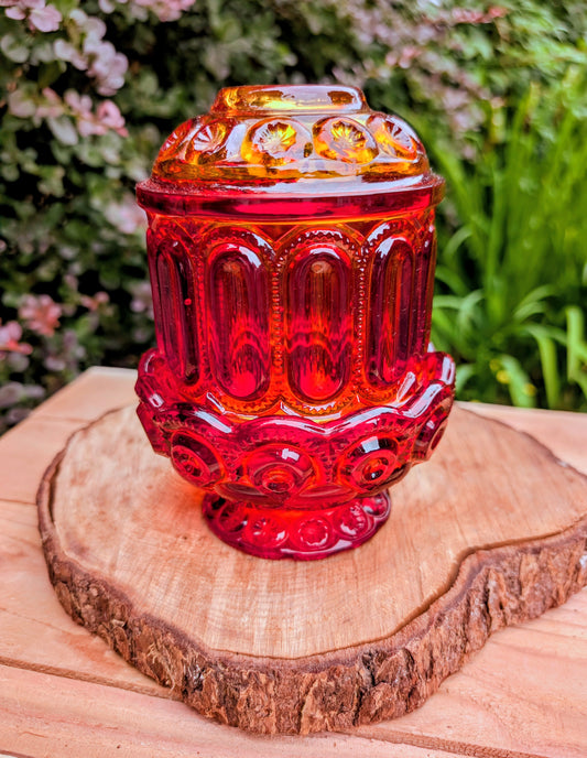 Vintage L.E. Smith Amberina Moon & Stars Fairy Lamp | Red Orange Art Glass Candle Holder