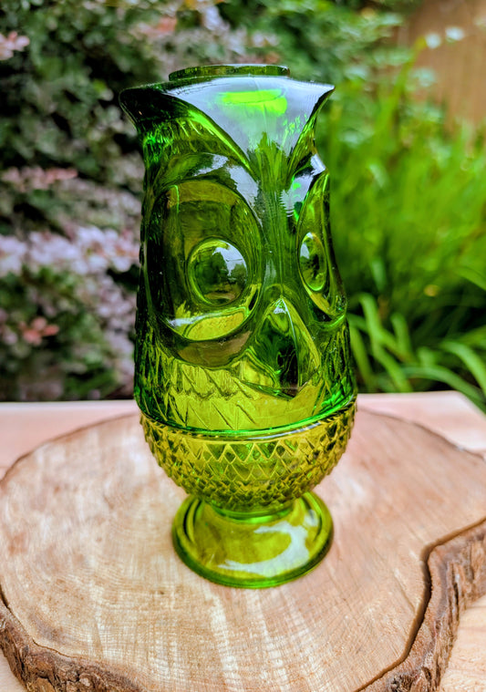 1969 Viking Glass Avocado Green Owl Fairy Lamp | Mid Century Art Glass Candle Holder | Vintage Woodland Home Décor