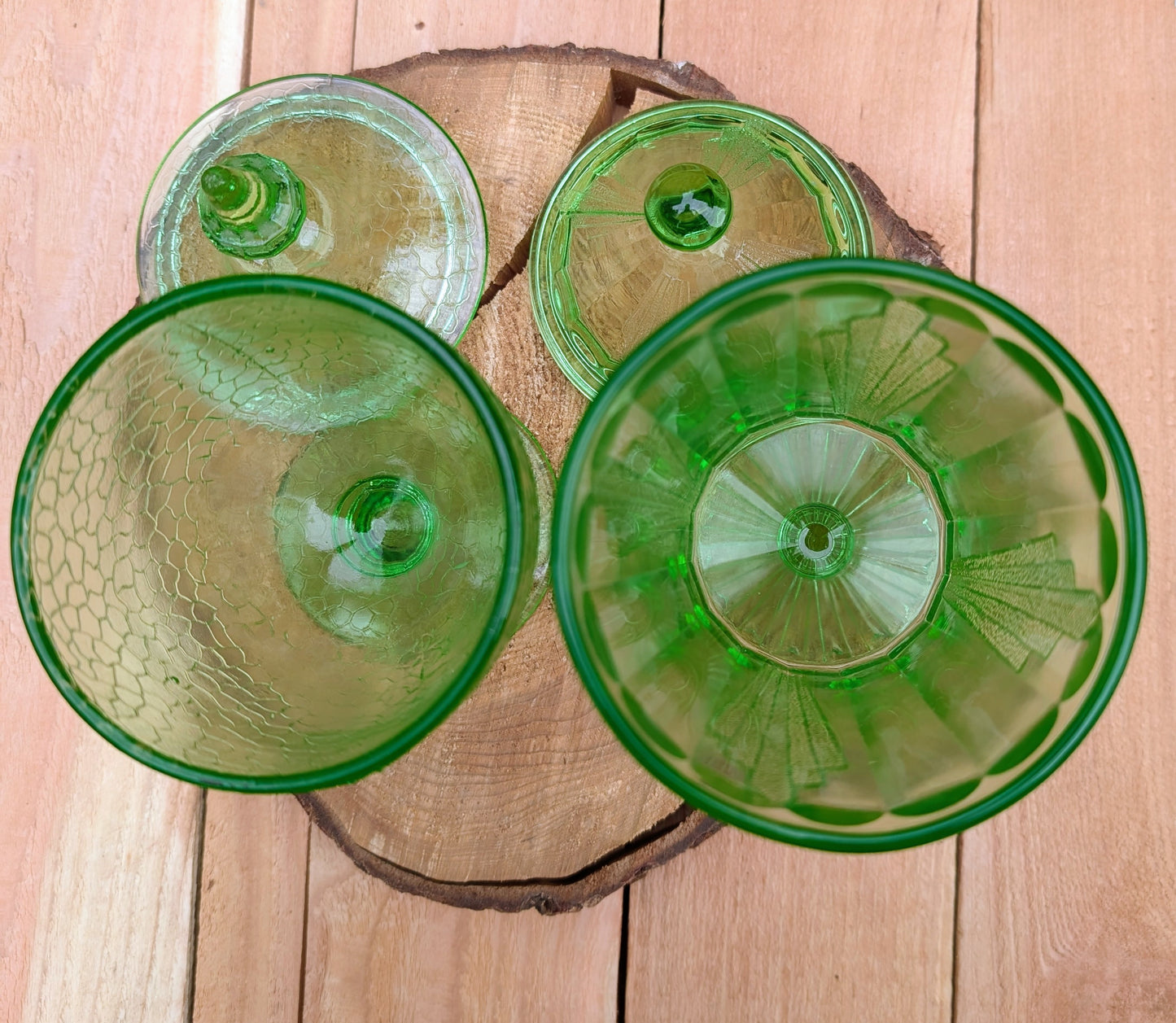 Two beautiful vintage emerald green covered pedestal candy dishes are offered in one convenient listing. Choose between a textured crackle glass design or an elegant Art Deco geometric pattern—each sold individually and carefully curated for collectors and vintage home décor enthusiasts.