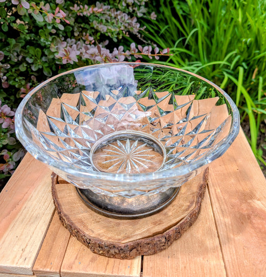 Vintage Val Saint Lambert Signed Cut Crystal Centerpiece Bowl with Italian Silver-Plated Pedestal Base – Art Deco Belgium 1925–1935