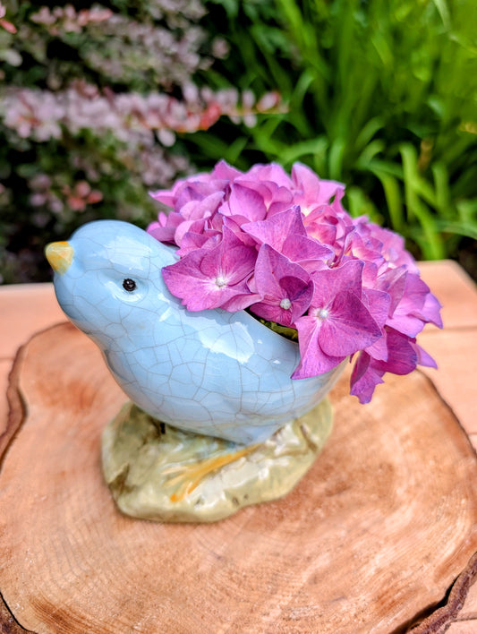 Add a touch of vintage charm to your home with this delightful blue ceramic chick planter. Featuring a soft crackle glaze and hand-painted details, it's the perfect size for a succulent, small plant, or seasonal display.
