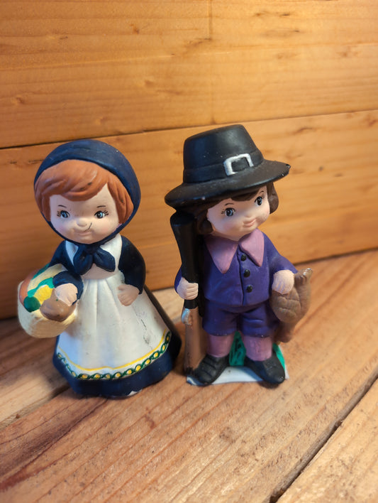Fall Thanksgiving Pilgrim figurines girl and boy blue and purple