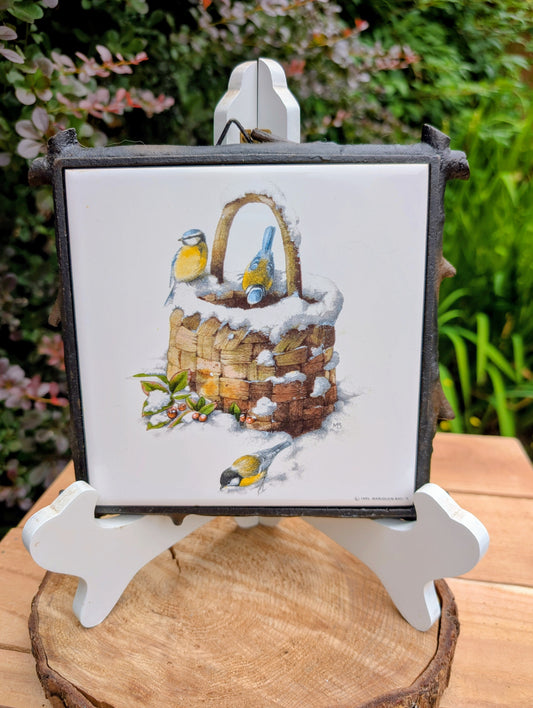 Vintage 1995 Hallmark Marjolein Bastin Bird Trivet | Ceramic Tile in Cast Iron Branch Frame | Blue Tit Woodland Wall Decor