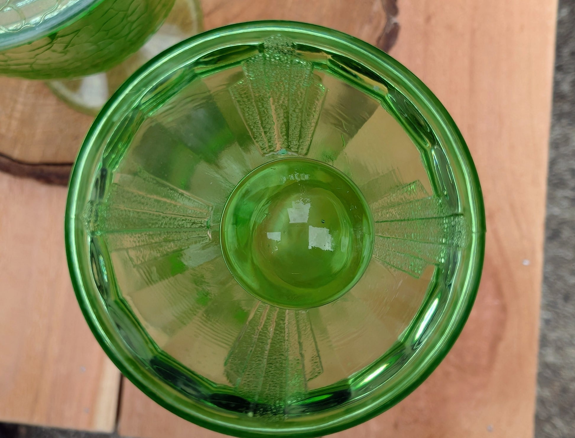 Two beautiful vintage emerald green covered pedestal candy dishes are offered in one convenient listing. Choose between a textured crackle glass design or an elegant Art Deco geometric pattern—each sold individually and carefully curated for collectors and vintage home décor enthusiasts.