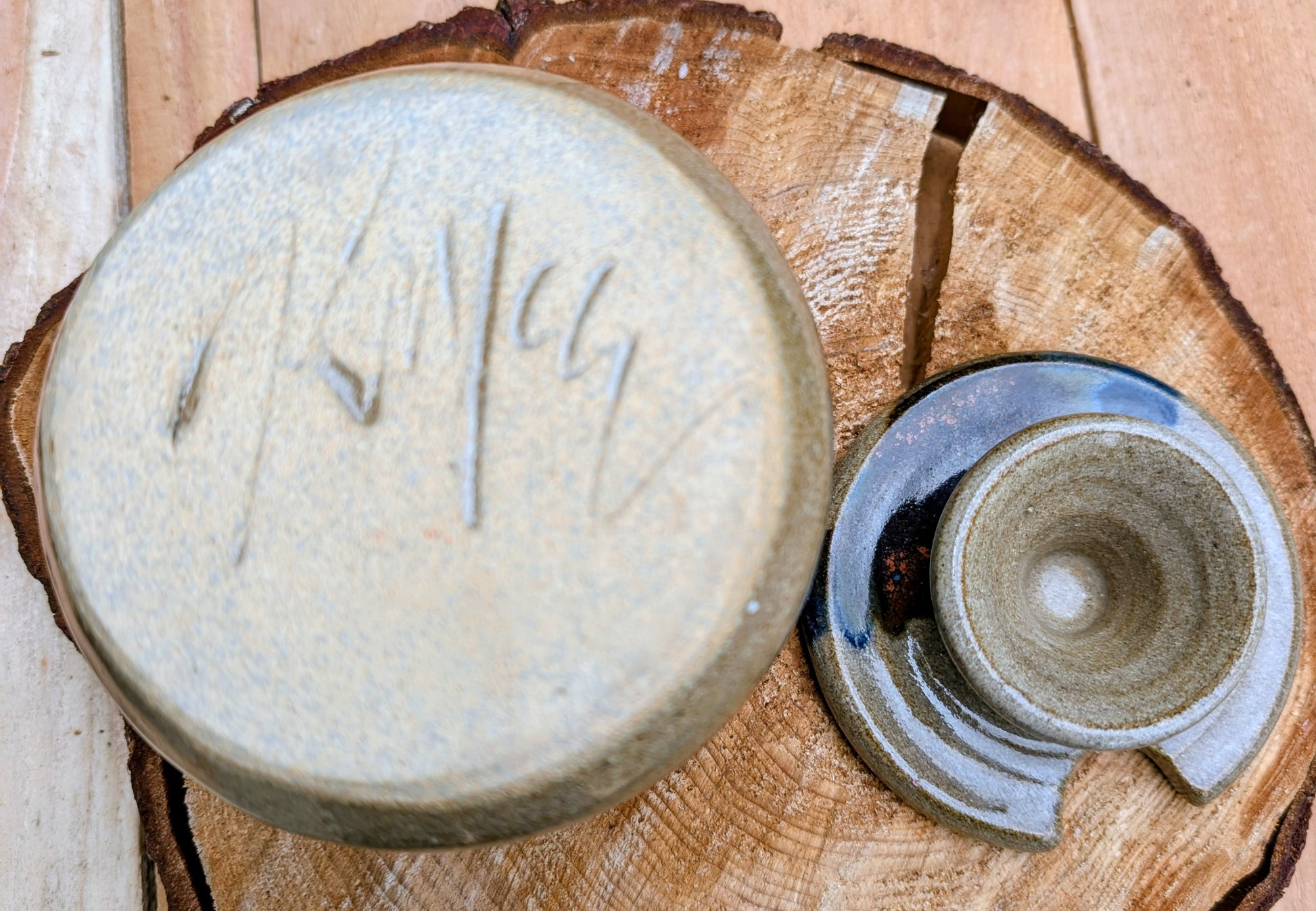Bring handcrafted warmth to your kitchen with this signed studio pottery lidded jam pot featuring richly layered cobalt blue, olive, brown, and tan glazes. Perfect for serving honey, preserves, sugar, or favorite condiments, this artisan stoneware piece is both beautiful and functional.