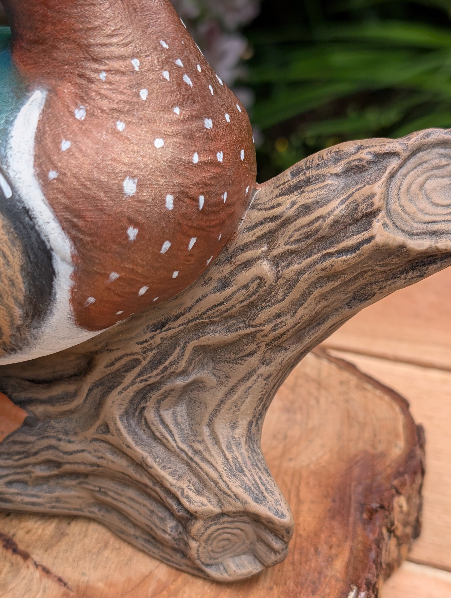 Celebrate the beauty of North American wetlands with this hand-painted ceramic Wood Duck sculpture, dated 1969 and mounted on a sculpted faux driftwood log. Richly detailed and full of rustic charm, it makes a wonderful addition to lodge, cabin, or nature-inspired décor.
