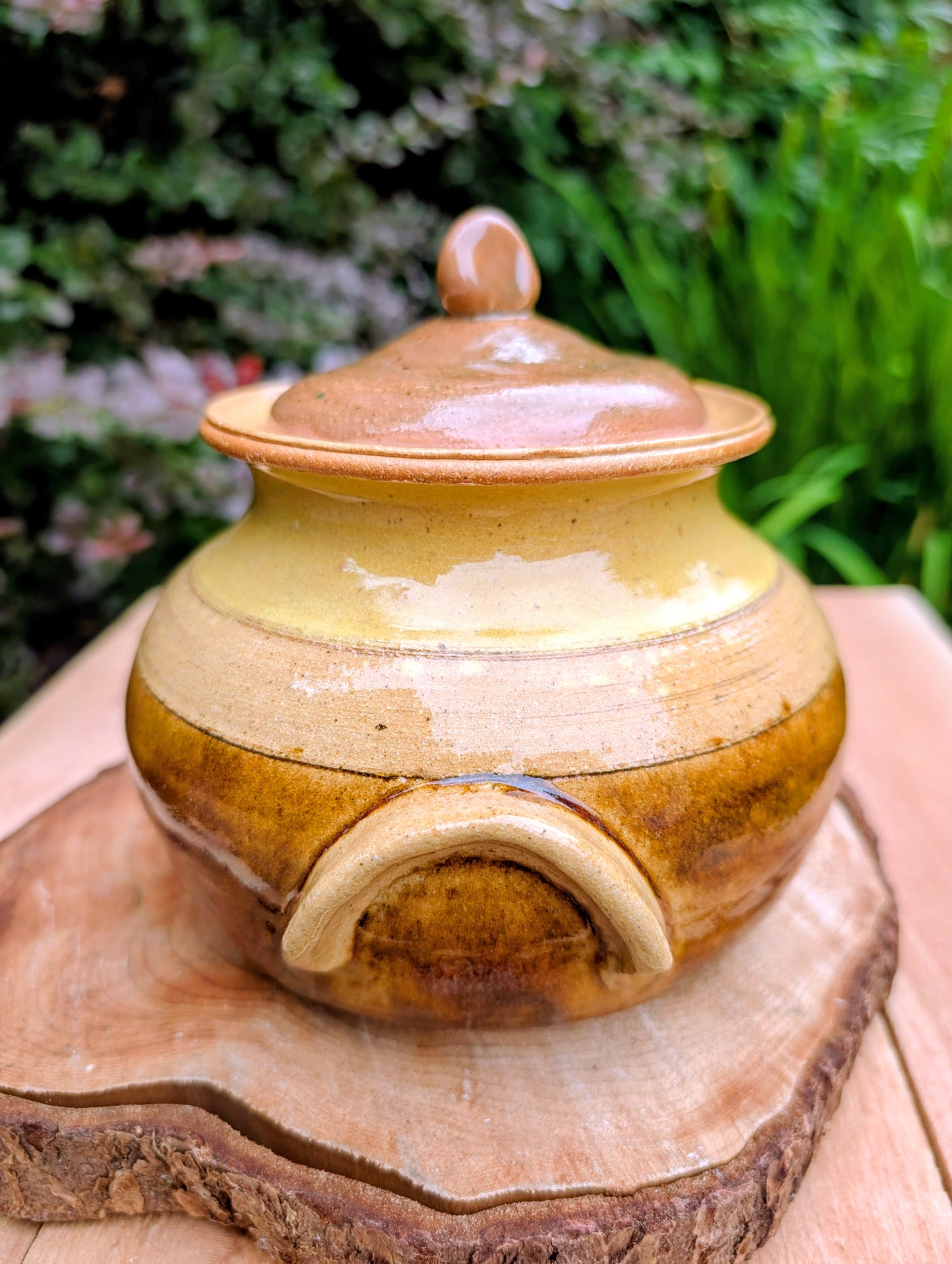 Bring timeless craftsmanship to your kitchen with this handcrafted studio pottery lidded stoneware pot. Finished in warm honey, caramel, olive, and tan glazes, this versatile covered vessel is equally beautiful as functional serveware or rustic farmhouse décor.